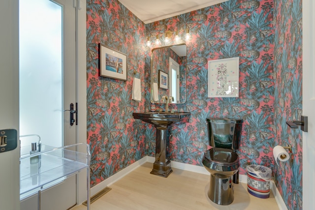 bathroom with hardwood / wood-style floors