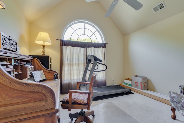 workout room featuring high vaulted ceiling, ceiling fan, and carpet floors