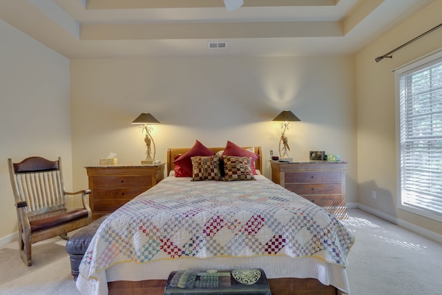 bedroom with carpet floors, a tray ceiling, and ceiling fan