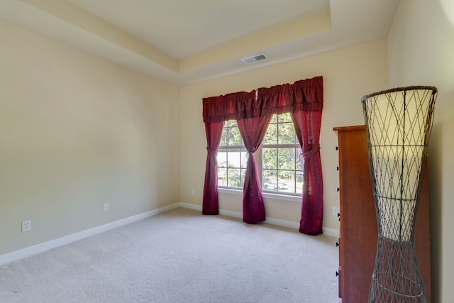 empty room featuring a tray ceiling and light carpet