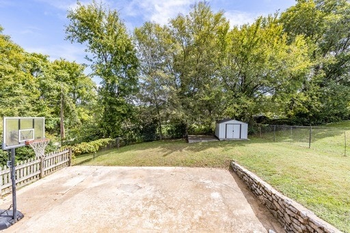 exterior space with a storage shed