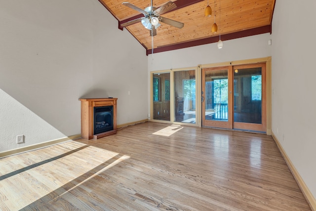 unfurnished living room featuring light hardwood / wood-style flooring, high vaulted ceiling, wooden ceiling, and ceiling fan