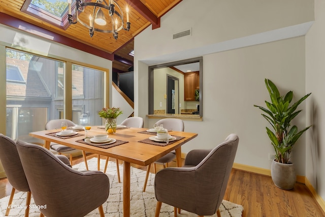 dining area with a notable chandelier, vaulted ceiling with skylight, light hardwood / wood-style flooring, and wooden ceiling