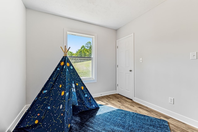 recreation room with a textured ceiling and hardwood / wood-style floors