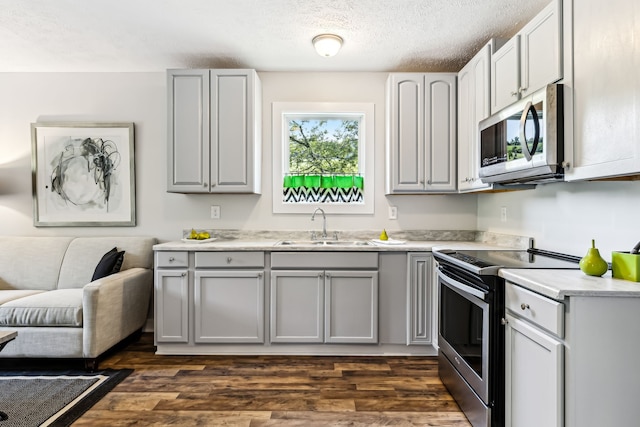 kitchen with gray cabinetry, stainless steel appliances, dark wood-type flooring, and sink