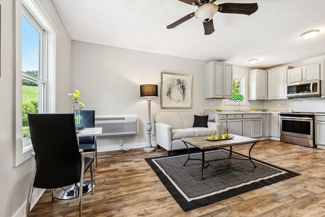 living room featuring a healthy amount of sunlight, ceiling fan, dark wood-type flooring, and sink