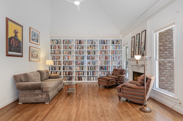 living area featuring ornamental molding, light wood-type flooring, high vaulted ceiling, and a fireplace