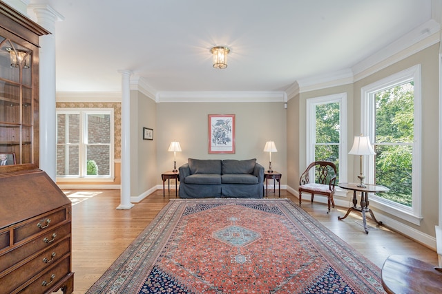 living room featuring light hardwood / wood-style flooring, a wealth of natural light, ornamental molding, and ornate columns