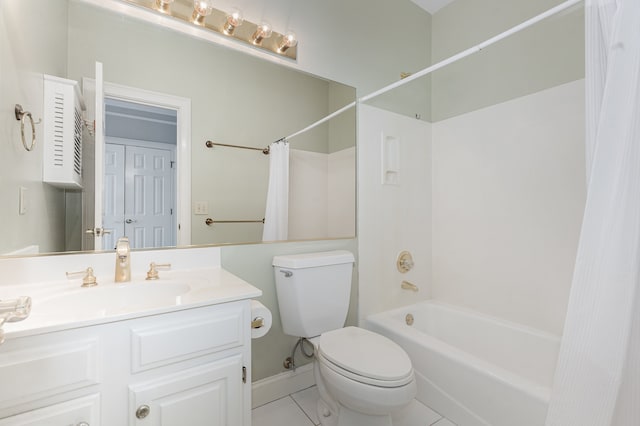 full bathroom with vanity, toilet, shower / bath combo with shower curtain, and tile patterned floors