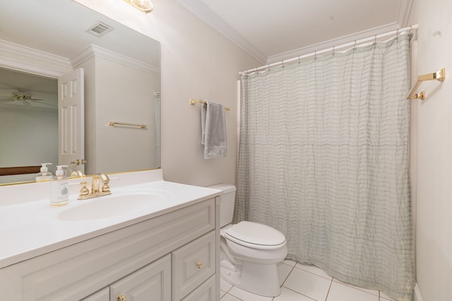 bathroom featuring tile patterned floors, vanity, ornamental molding, toilet, and a shower with curtain