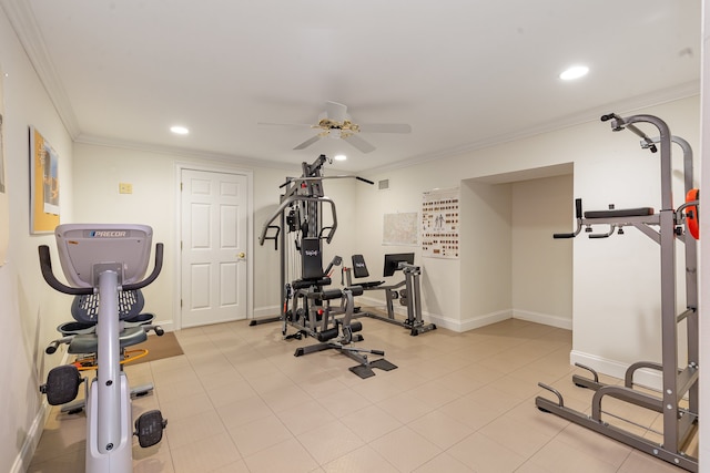 exercise area featuring ceiling fan, light tile patterned flooring, and crown molding