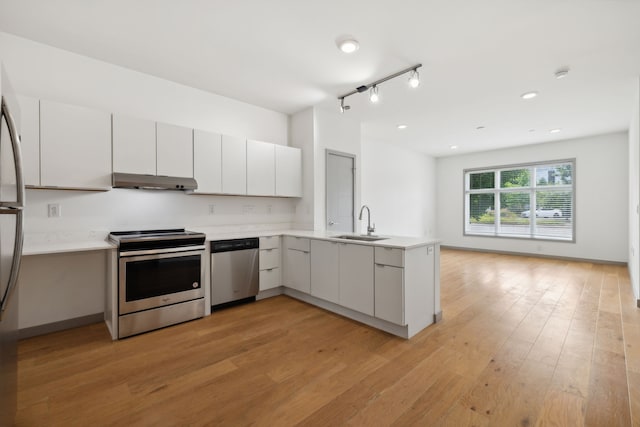 kitchen with appliances with stainless steel finishes, white cabinetry, kitchen peninsula, light wood-type flooring, and sink