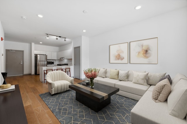 living room with dark hardwood / wood-style flooring