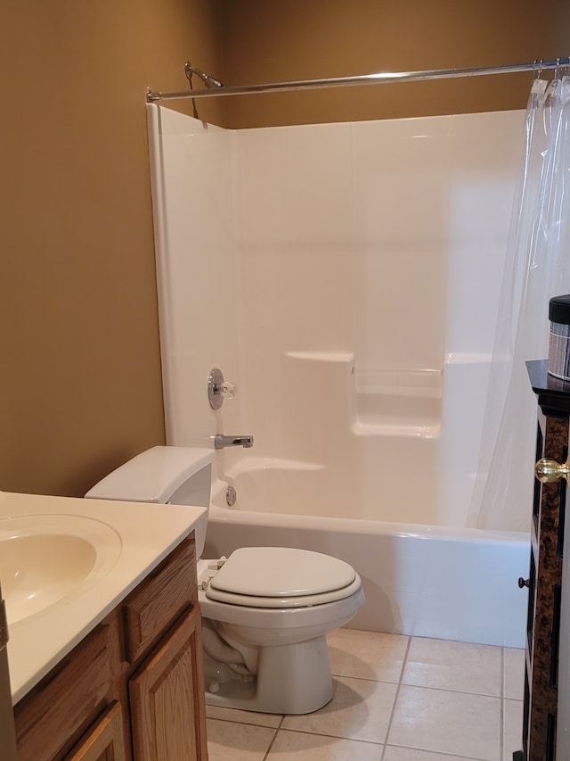 full bathroom with shower / tub combo with curtain, vanity, toilet, and tile patterned flooring