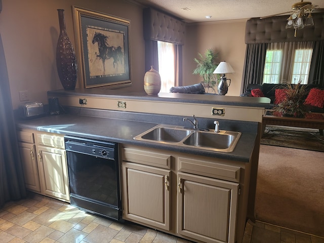 kitchen with black dishwasher, sink, and a textured ceiling