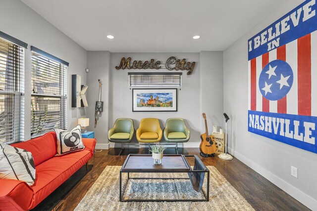 living room with dark wood-type flooring