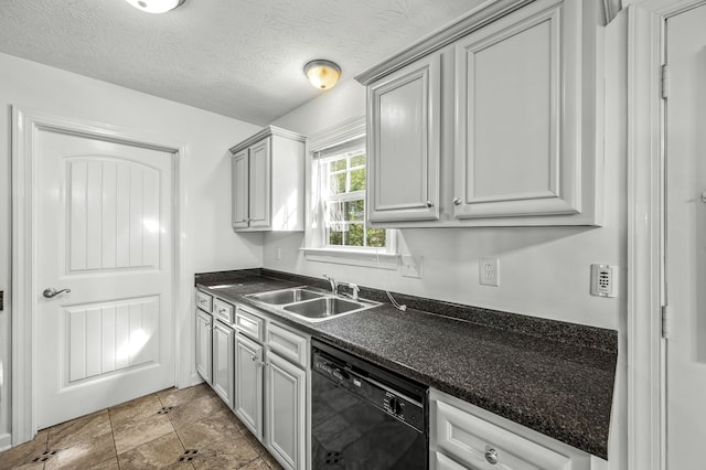 kitchen featuring sink, a textured ceiling, dishwasher, and gray cabinets