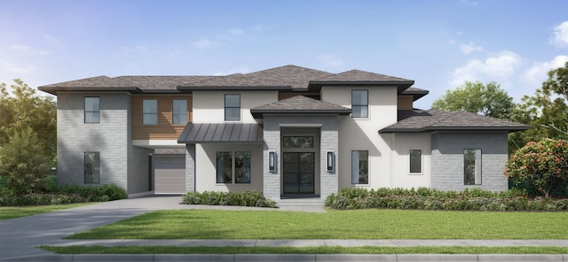 view of front of property with a front yard and a garage