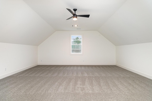 bonus room featuring carpet floors, ceiling fan, and lofted ceiling