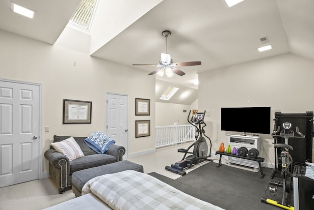 workout area with ceiling fan and lofted ceiling