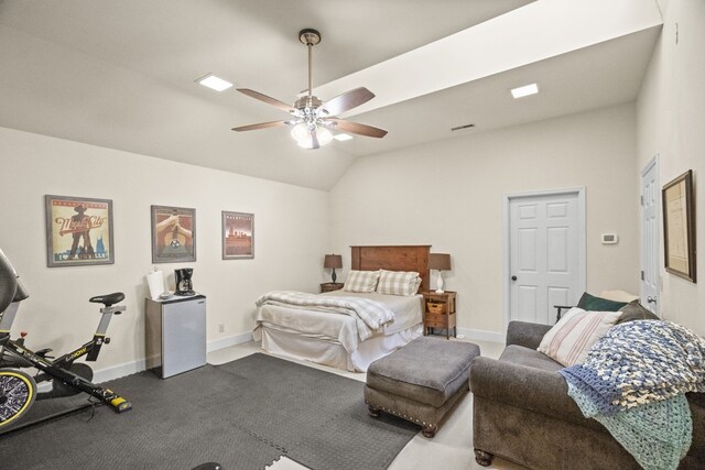 bedroom featuring ceiling fan, carpet flooring, and vaulted ceiling