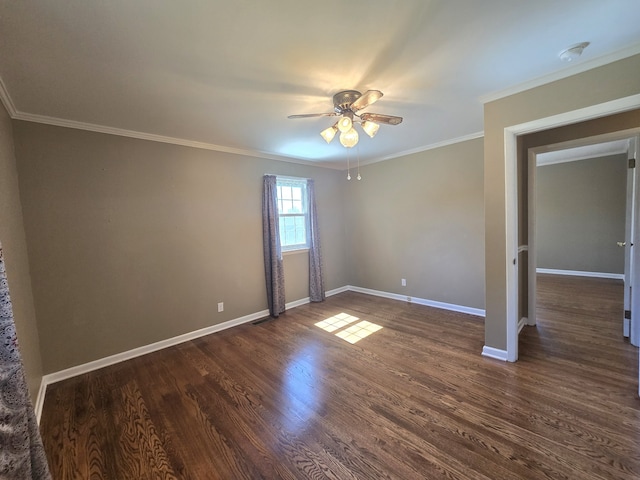 unfurnished room featuring ceiling fan, crown molding, and dark wood-type flooring