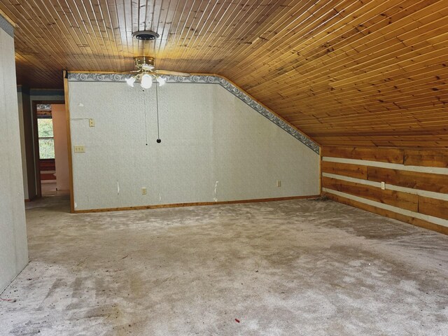 bonus room with lofted ceiling, wood ceiling, and ceiling fan