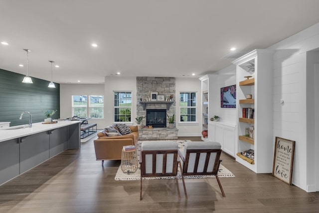 living room with a fireplace, dark hardwood / wood-style floors, and sink