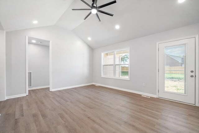 unfurnished living room featuring light hardwood / wood-style floors, ceiling fan, and a healthy amount of sunlight