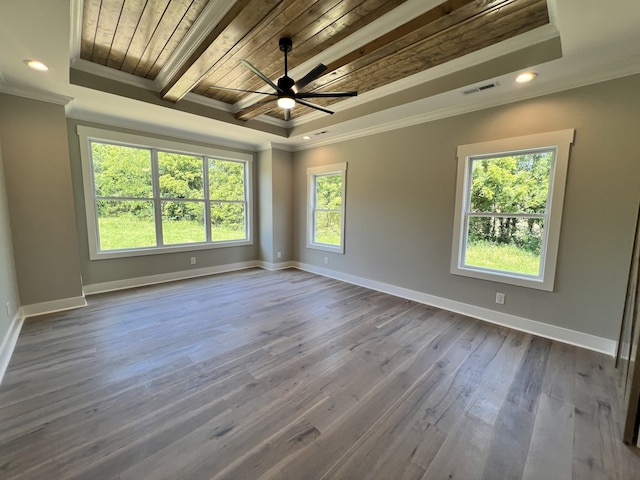 empty room with ceiling fan, a raised ceiling, and hardwood / wood-style flooring