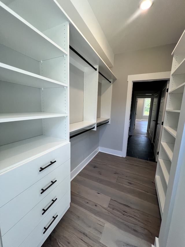 spacious closet with dark hardwood / wood-style flooring