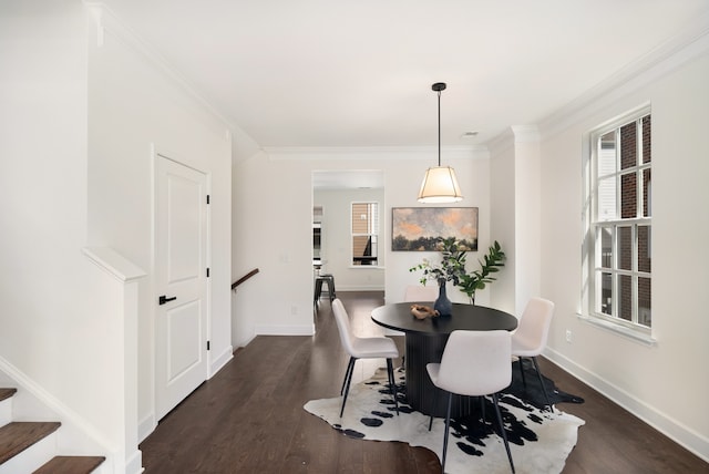 dining space featuring a healthy amount of sunlight, ornamental molding, and dark hardwood / wood-style flooring