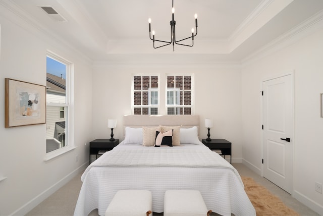 bedroom with a raised ceiling, light colored carpet, and crown molding