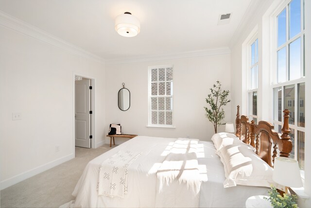 carpeted bedroom with crown molding