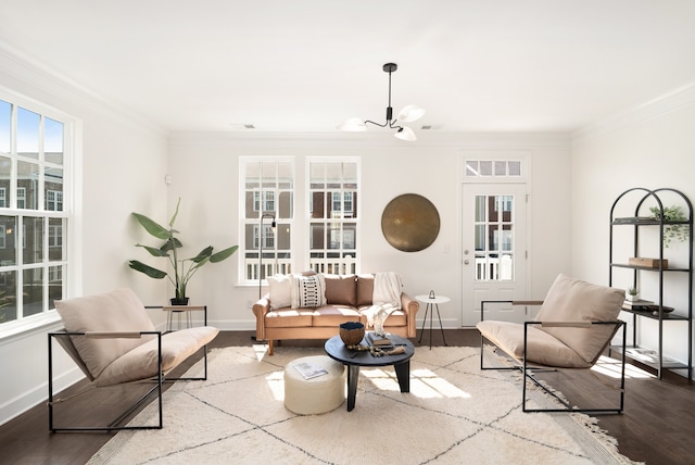 living room with crown molding, an inviting chandelier, and hardwood / wood-style flooring