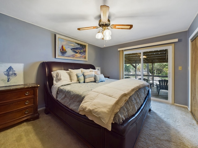 bedroom with carpet, ceiling fan, and access to exterior