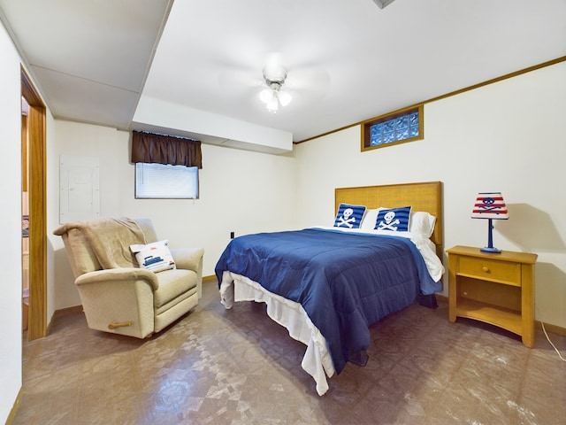 bedroom with ceiling fan and electric panel