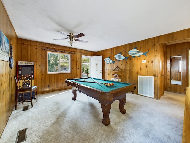 rec room featuring ceiling fan, wood walls, and pool table