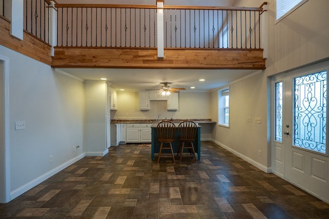 foyer entrance with ornamental molding, ceiling fan, and sink