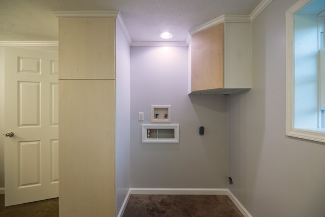 laundry room with washer hookup, hookup for an electric dryer, a textured ceiling, crown molding, and cabinets