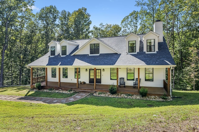 cape cod house with a porch and a front lawn