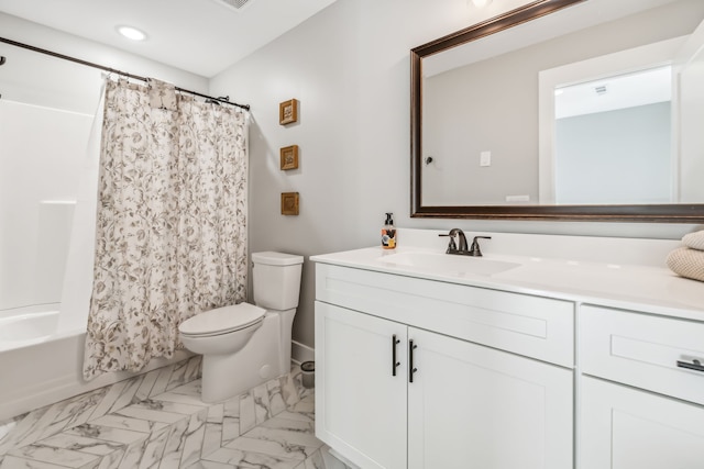 full bathroom with shower / bath combo with shower curtain, vanity, and toilet