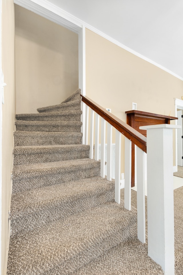 staircase with carpet flooring and ornamental molding