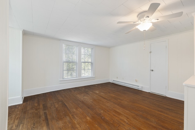 unfurnished room with a baseboard heating unit, ceiling fan, crown molding, and dark hardwood / wood-style flooring