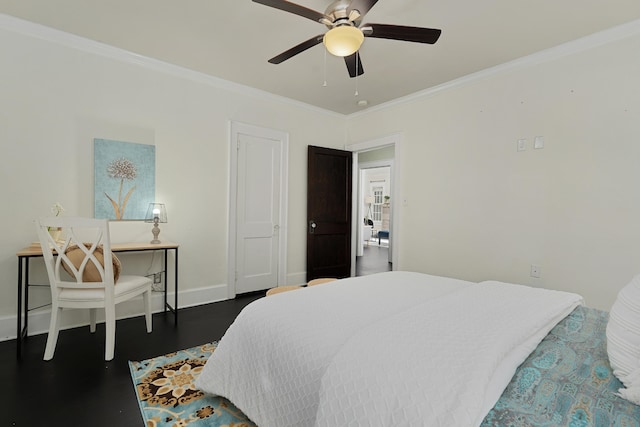 bedroom featuring dark wood-type flooring, ceiling fan, and crown molding