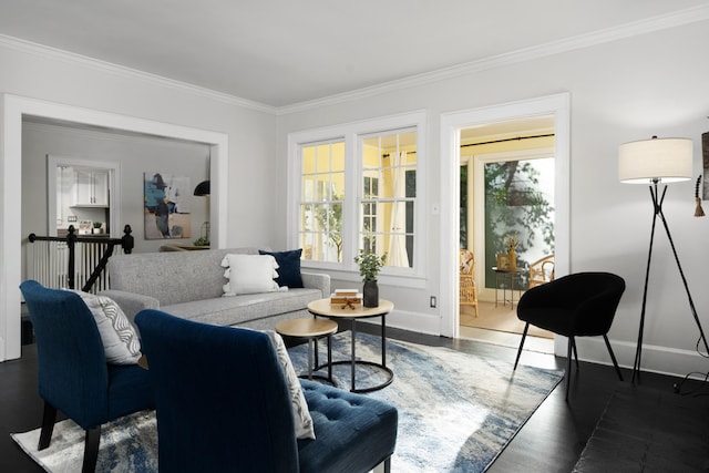 living room with ornamental molding and dark hardwood / wood-style flooring