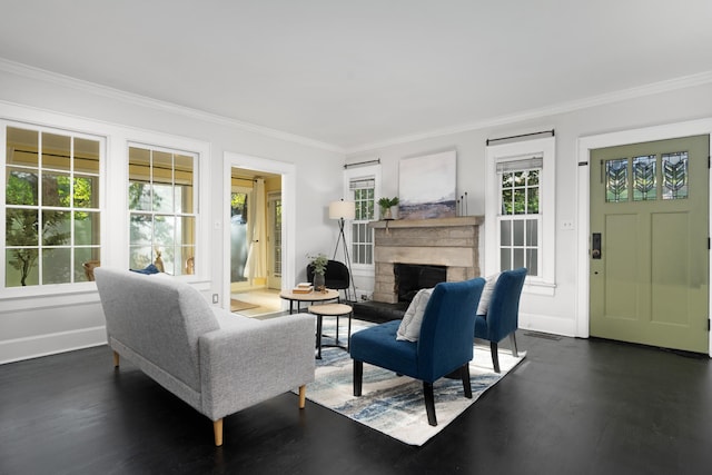 living room with crown molding, dark wood-type flooring, and a wealth of natural light