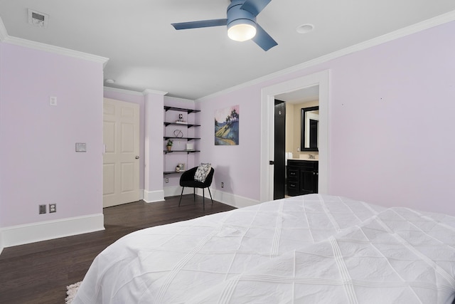 bedroom with dark wood-type flooring, crown molding, and ceiling fan