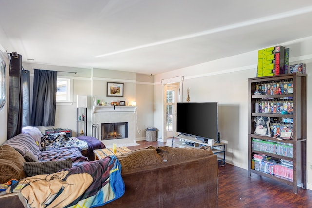 living room with dark hardwood / wood-style floors