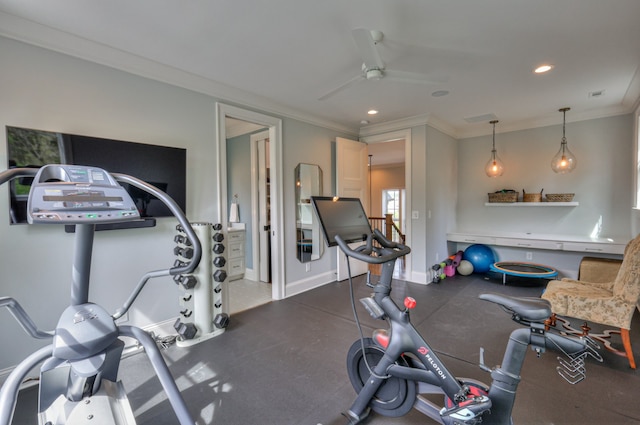 workout room featuring ornamental molding and ceiling fan